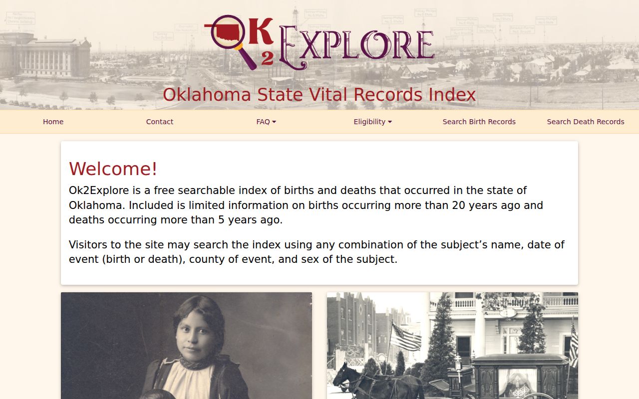Tulsa resident lookup source showing the OK2Explore vital-record index
