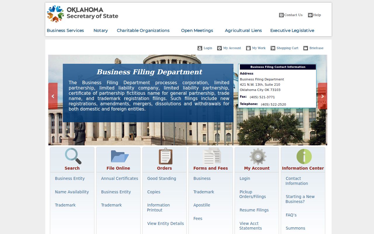 Tulsa resident lookup source showing Oklahoma Secretary of State business services