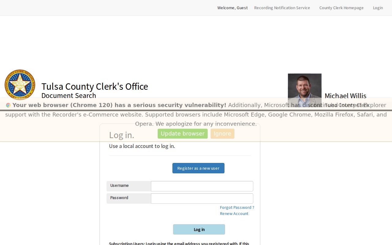 Tulsa street directory County Clerk grantor-grantee index access screen